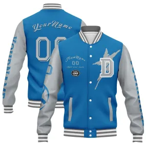 Custom Blue Gray Detroit Jacket Bomber Full-Snap Varsity Letterman Personalized Jacket FZ005SX-D020290-11