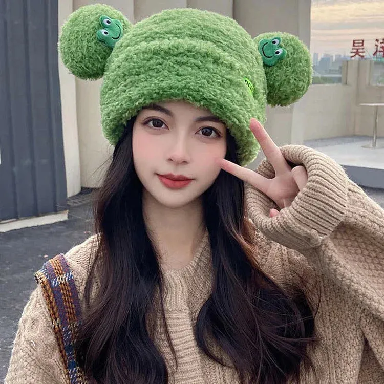 Cute Cartoon Frog Ears Knit Plush Letter Hat