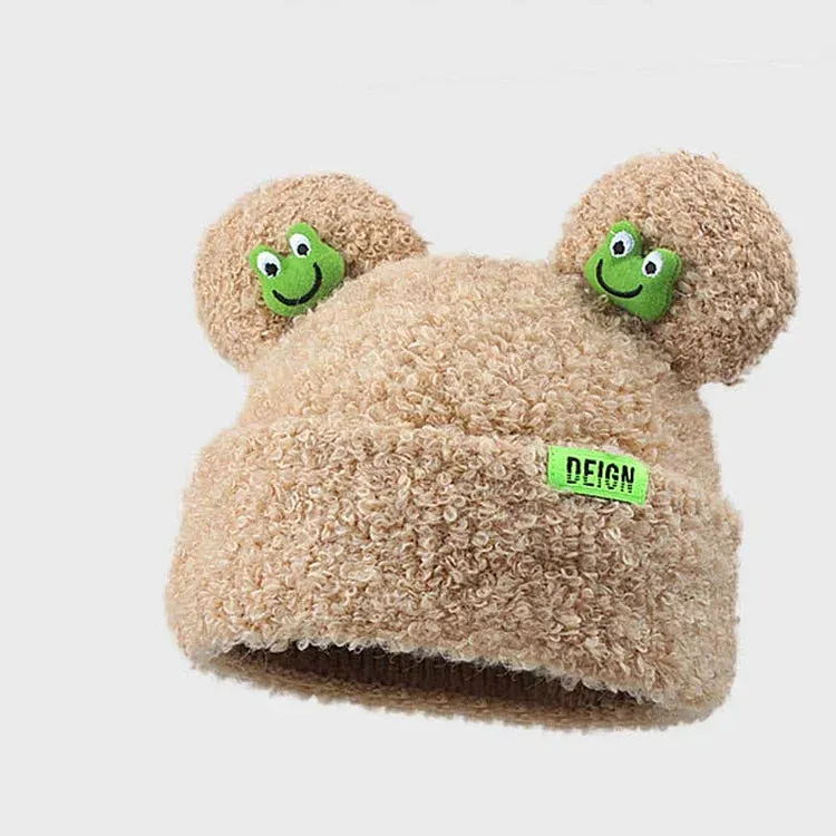 Cute Cartoon Frog Ears Knit Plush Letter Hat