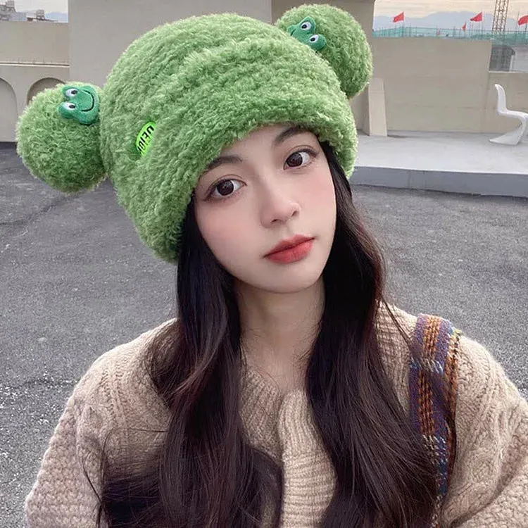 Cute Cartoon Frog Ears Knit Plush Letter Hat