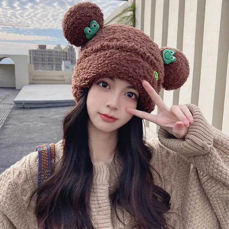 Cute Cartoon Frog Ears Knit Plush Letter Hat