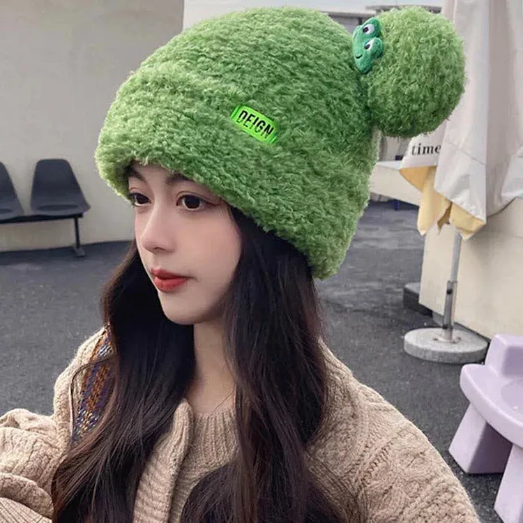 Cute Cartoon Frog Ears Knit Plush Letter Hat