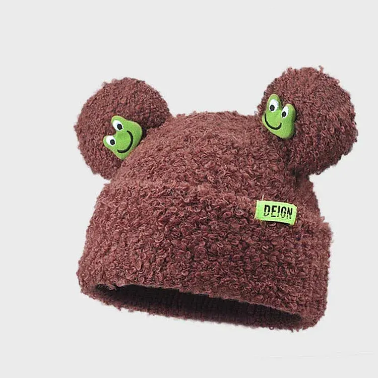 Cute Cartoon Frog Ears Knit Plush Letter Hat