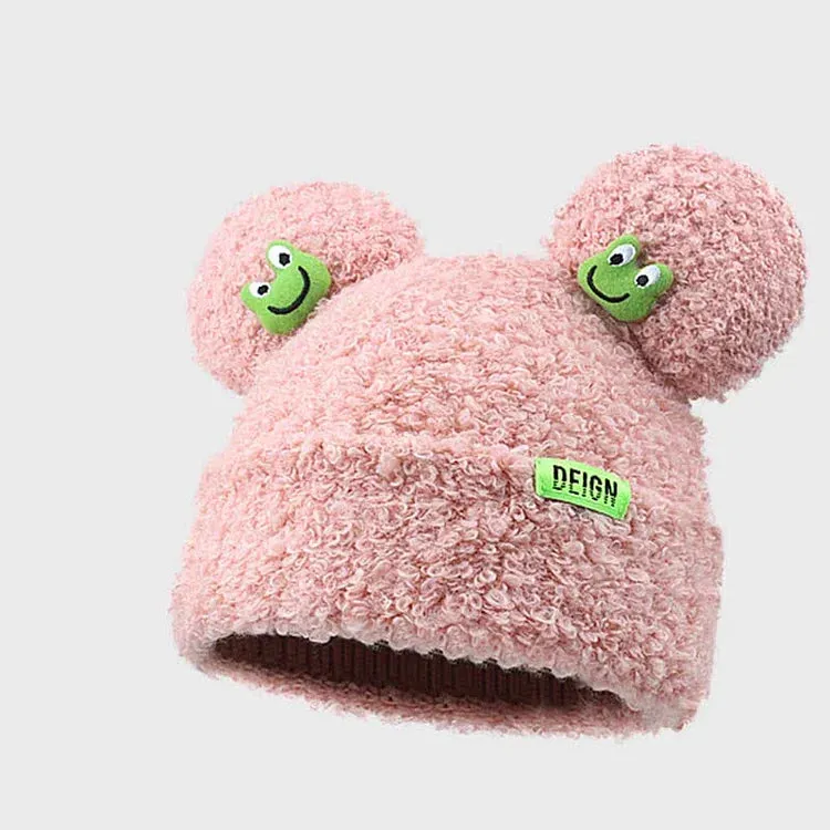 Cute Cartoon Frog Ears Knit Plush Letter Hat