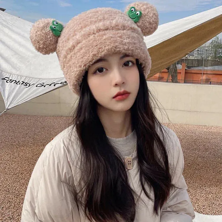 Cute Cartoon Frog Ears Knit Plush Letter Hat