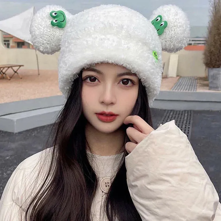 Cute Cartoon Frog Ears Knit Plush Letter Hat