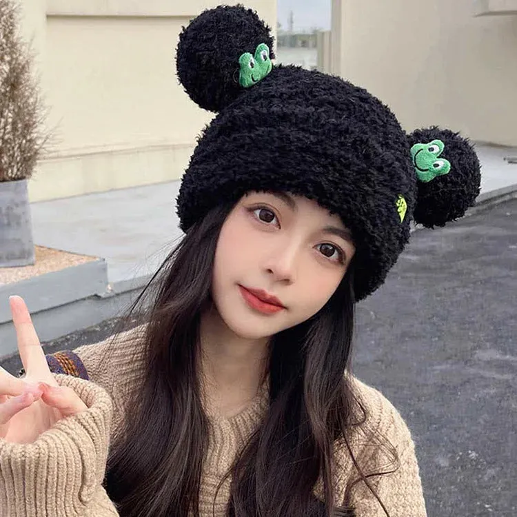 Cute Cartoon Frog Ears Knit Plush Letter Hat