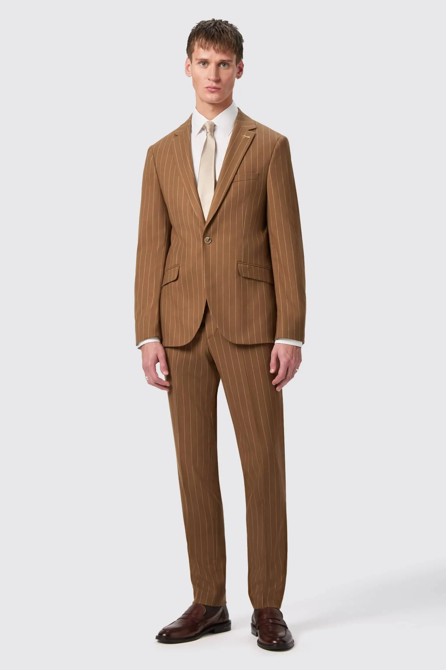 Cuttel Slim Fit Brown Pinstripe Jacket