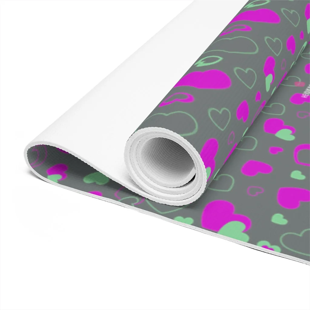 Dark Grey Hearts Foam Yoga Mat, Hearts Pattern Best Lightweight 0.25" thick Mat - Printed in USA (Size: 24″x72")