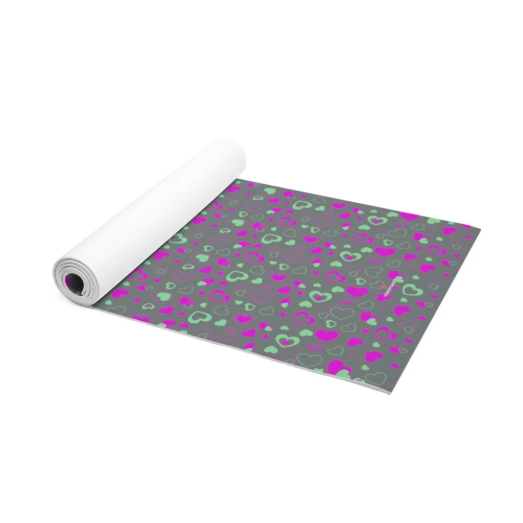 Dark Grey Hearts Foam Yoga Mat, Hearts Pattern Best Lightweight 0.25" thick Mat - Printed in USA (Size: 24″x72")