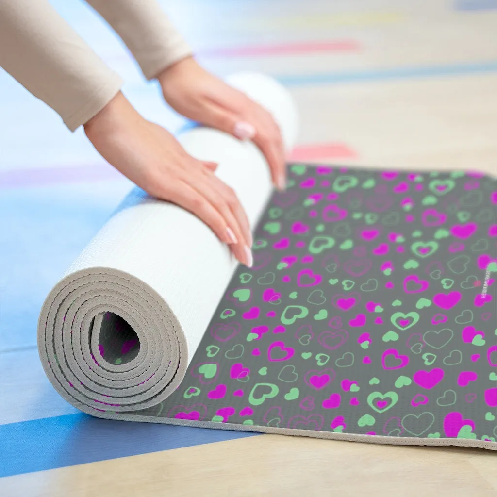 Dark Grey Hearts Foam Yoga Mat, Hearts Pattern Best Lightweight 0.25" thick Mat - Printed in USA (Size: 24″x72")