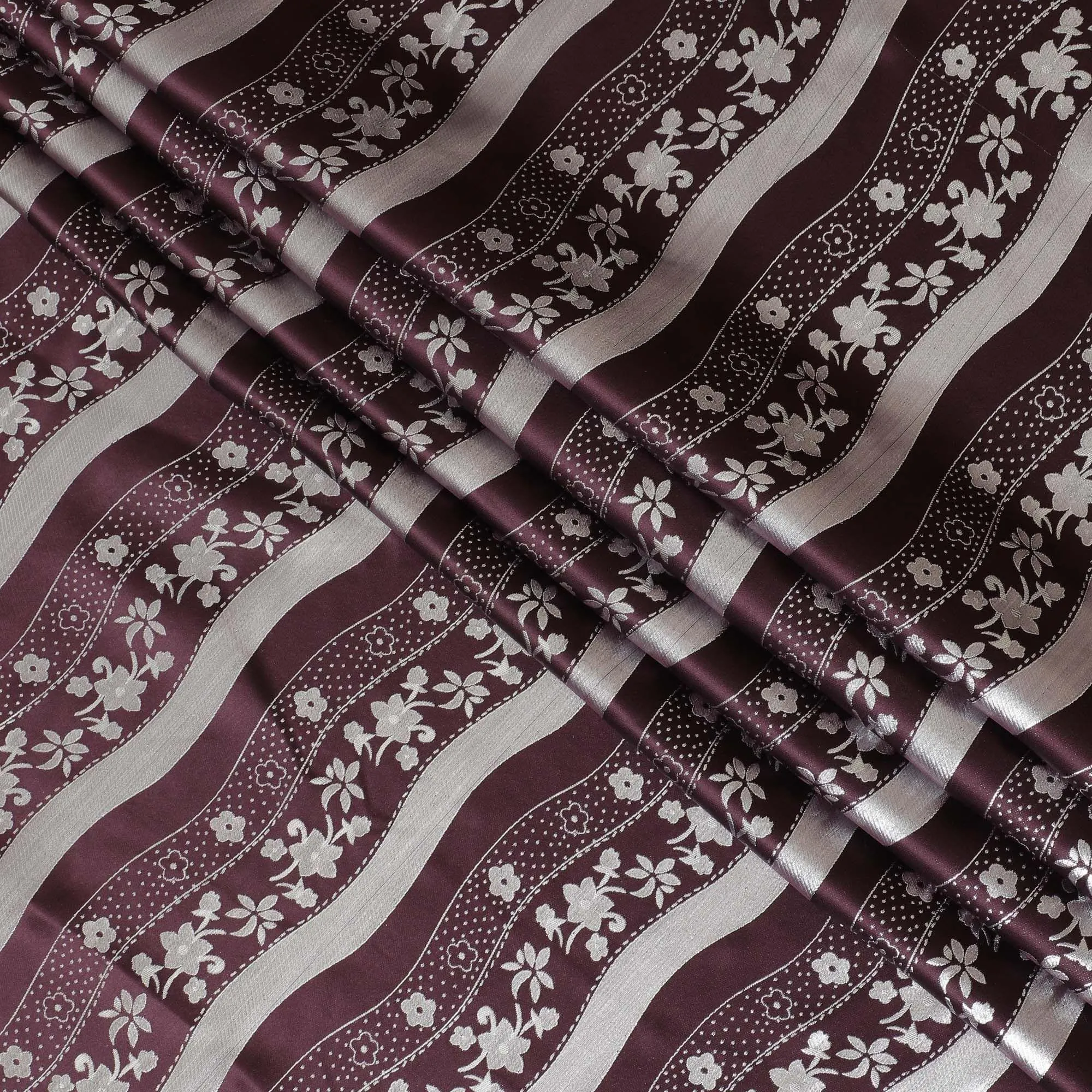 Dark plum pure silk satin fabric with same tone and silver film metallic in stripe design-D11051