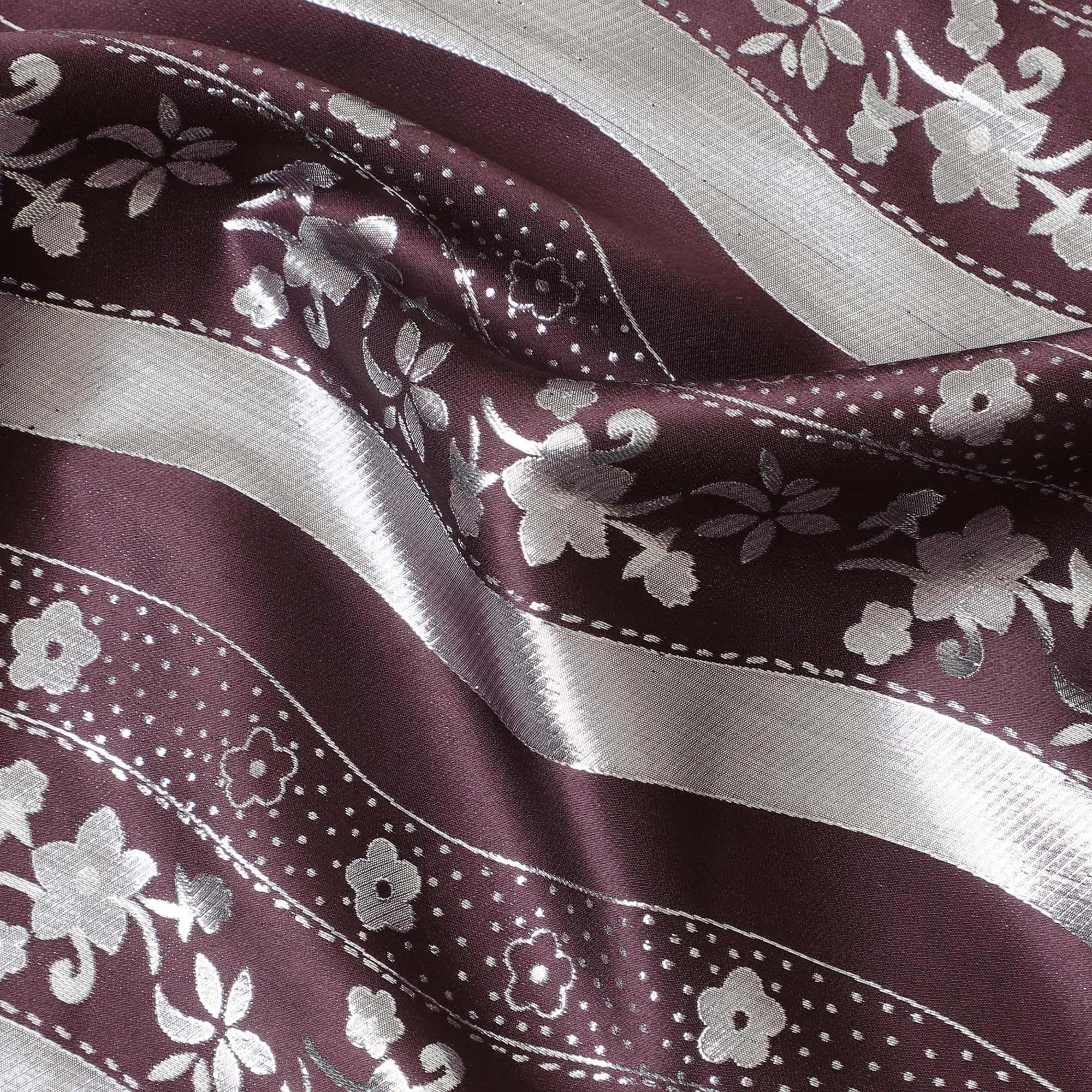 Dark plum pure silk satin fabric with same tone and silver film metallic in stripe design-D11051