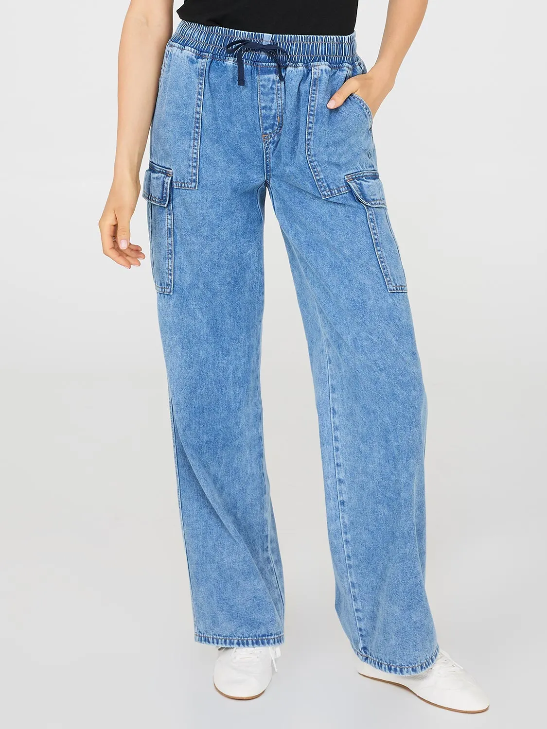 Denim Wide-Leg Cargo Pants