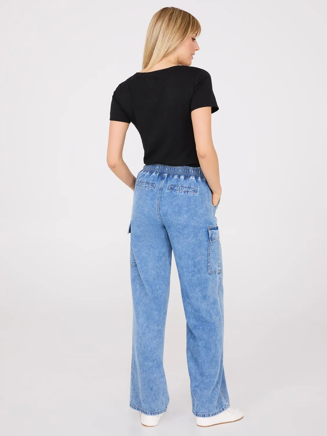 Denim Wide-Leg Cargo Pants