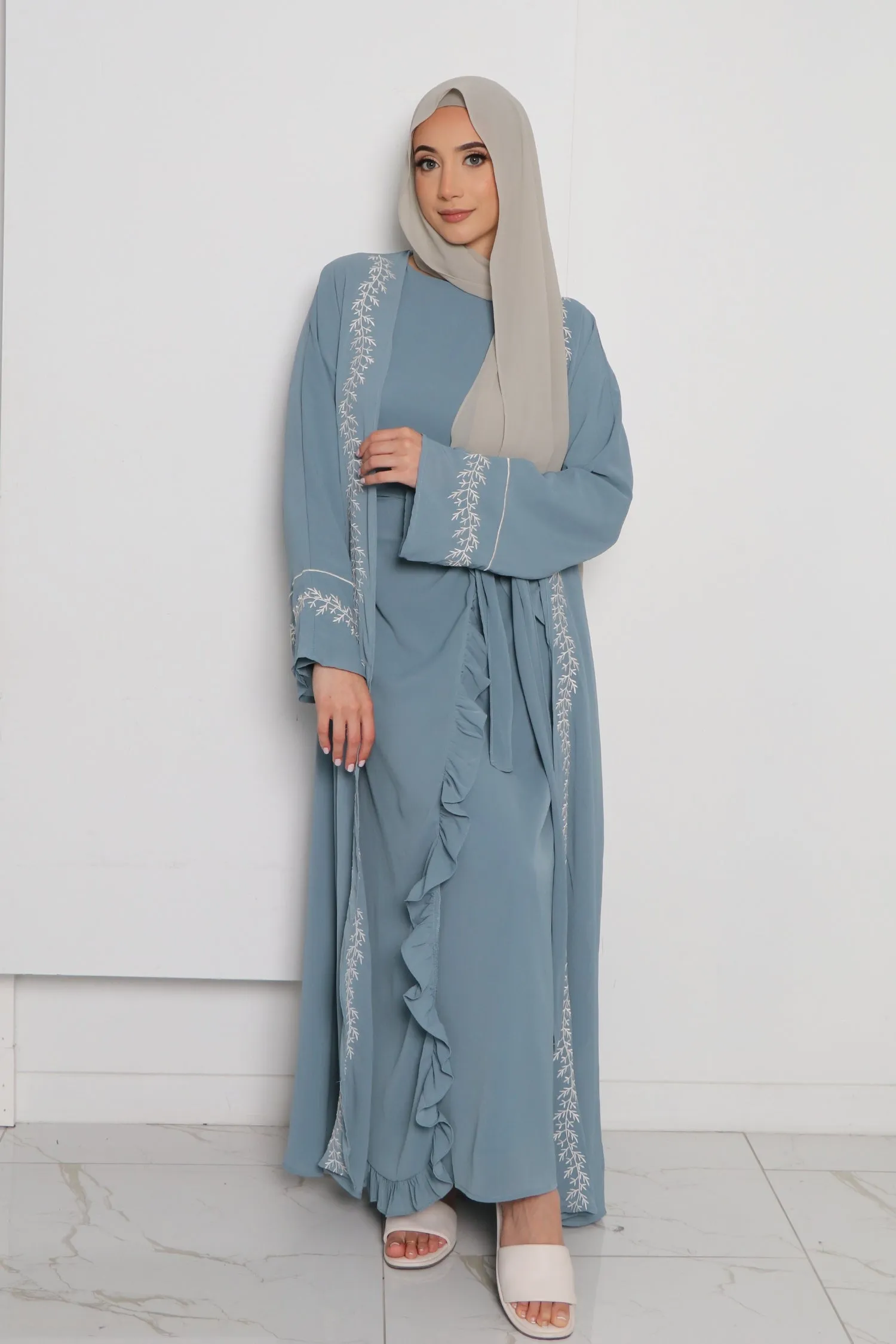 Dina Embroidery Abaya Set- Dusty Blue