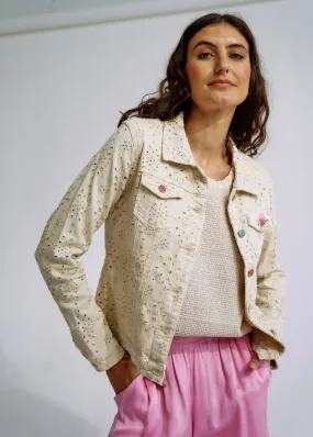 Embroidered Denim Jacket with Floral Detail in Beige