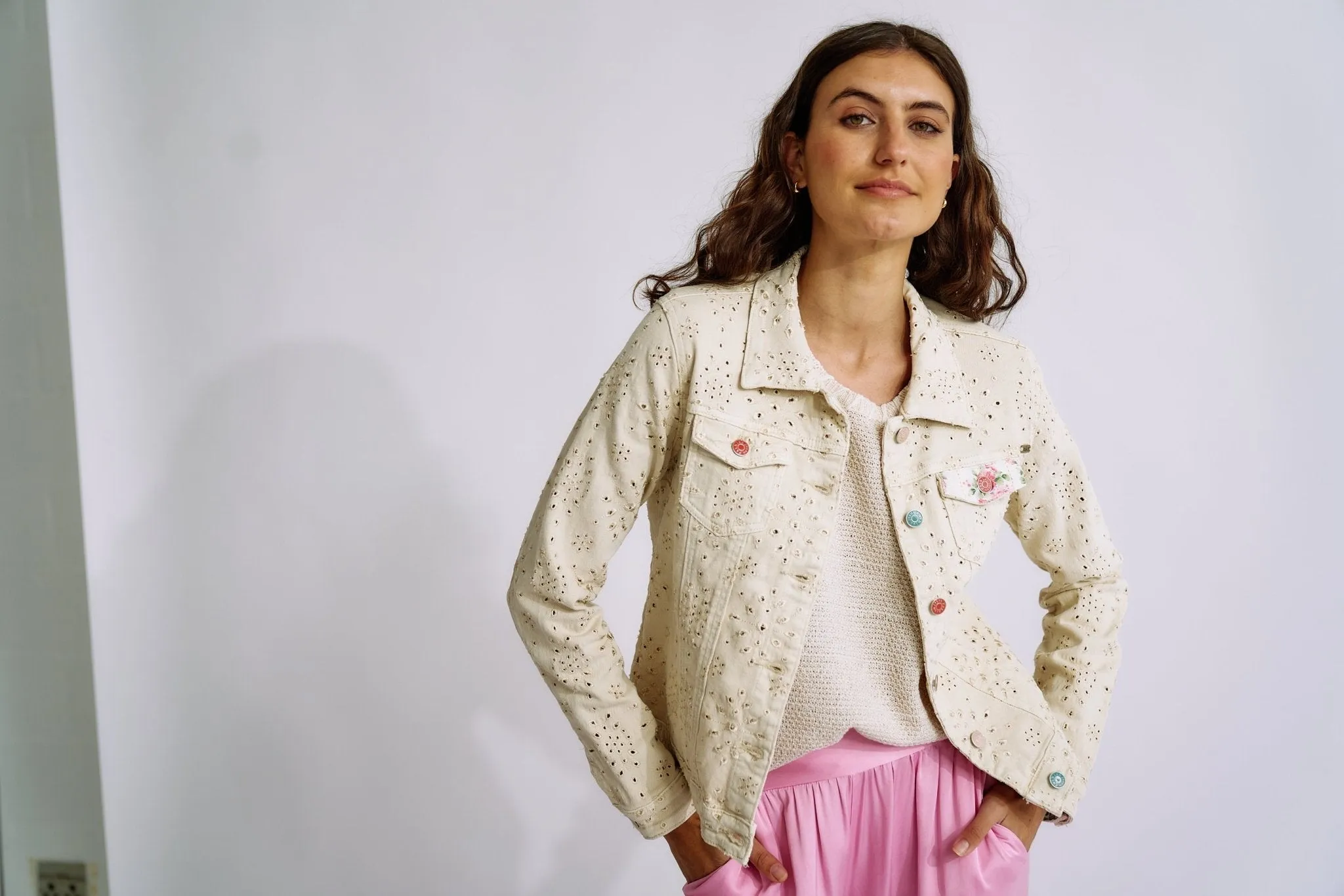 Embroidered Denim Jacket with Floral Detail in Beige