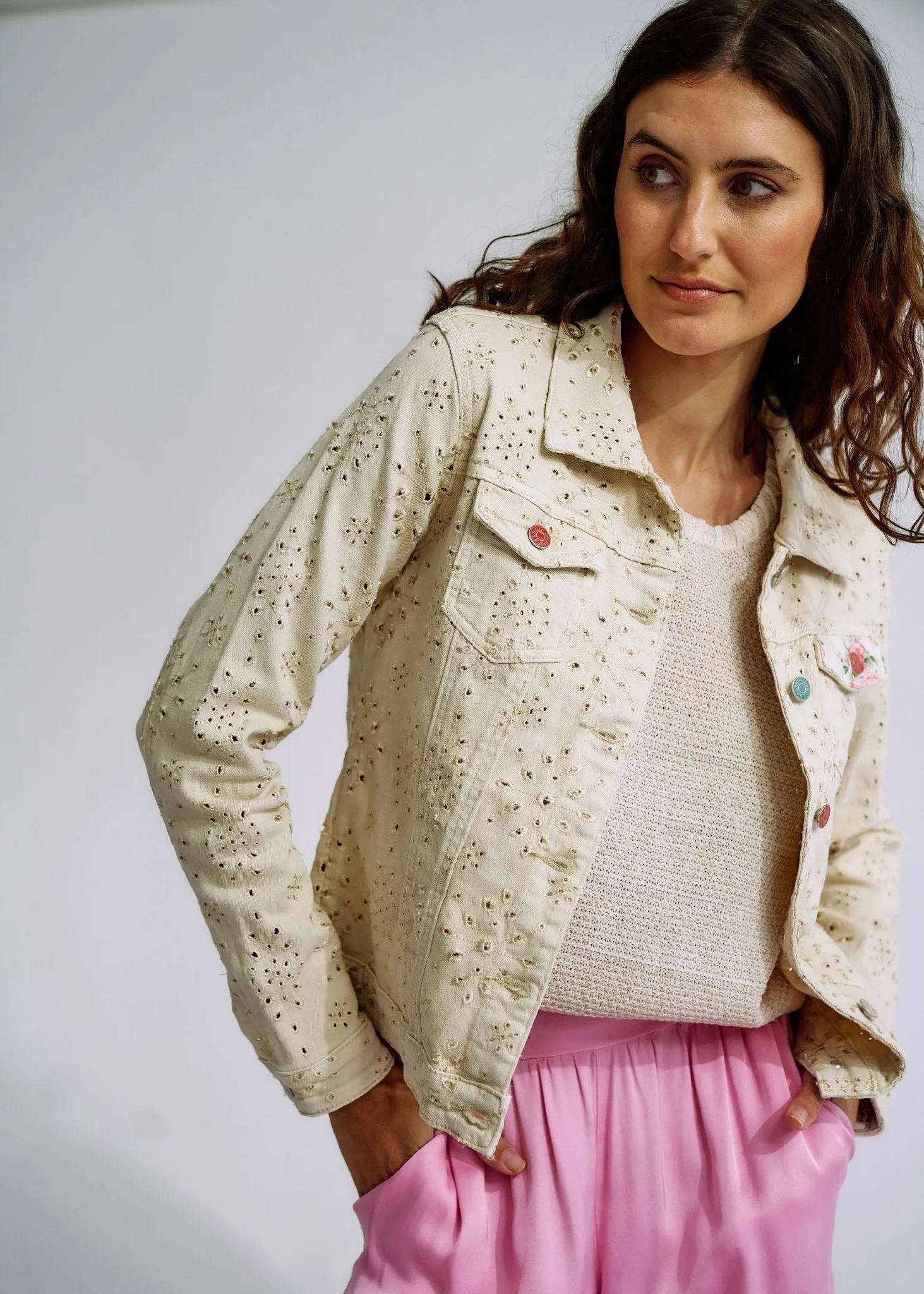 Embroidered Denim Jacket with Floral Detail in Beige