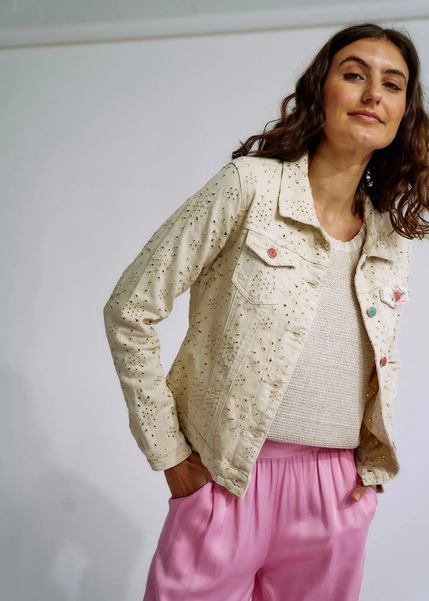 Embroidered Denim Jacket with Floral Detail in Beige