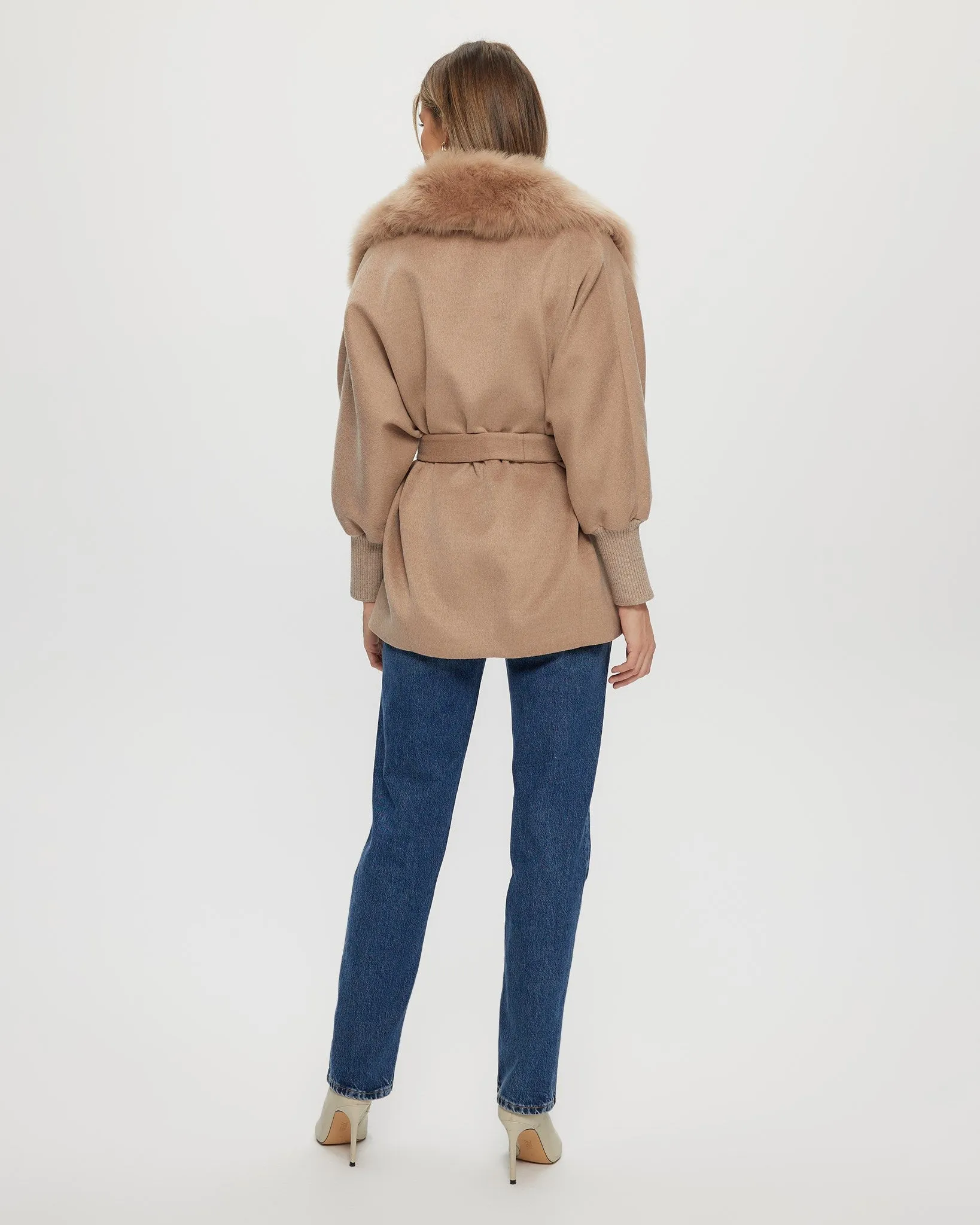 Fabric Jacket with Detachable Select Shearling Lamb Collar and Belt