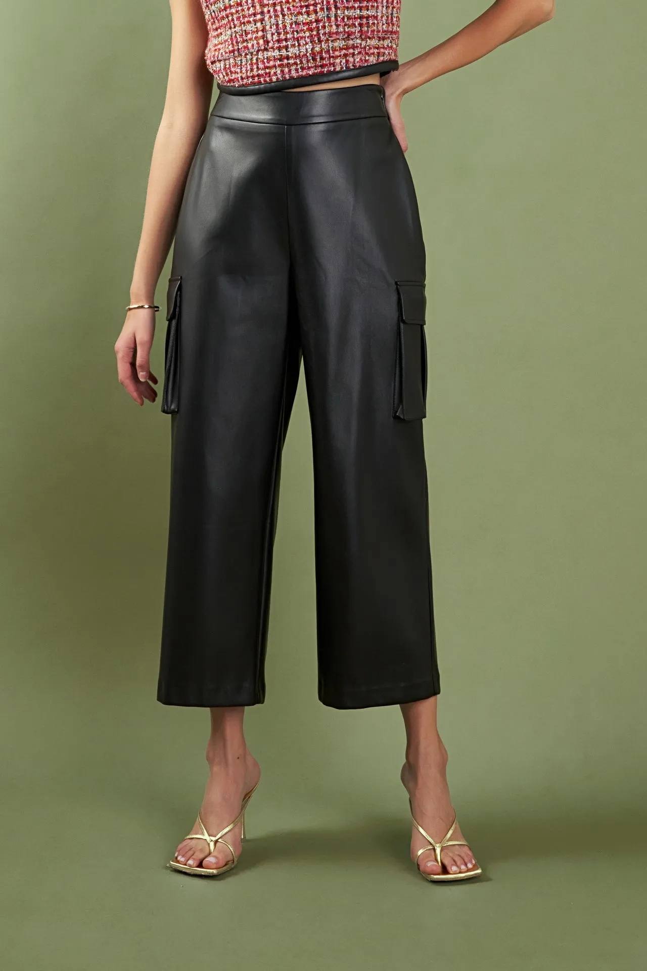 Faux Leather Cropped Cargo Pants