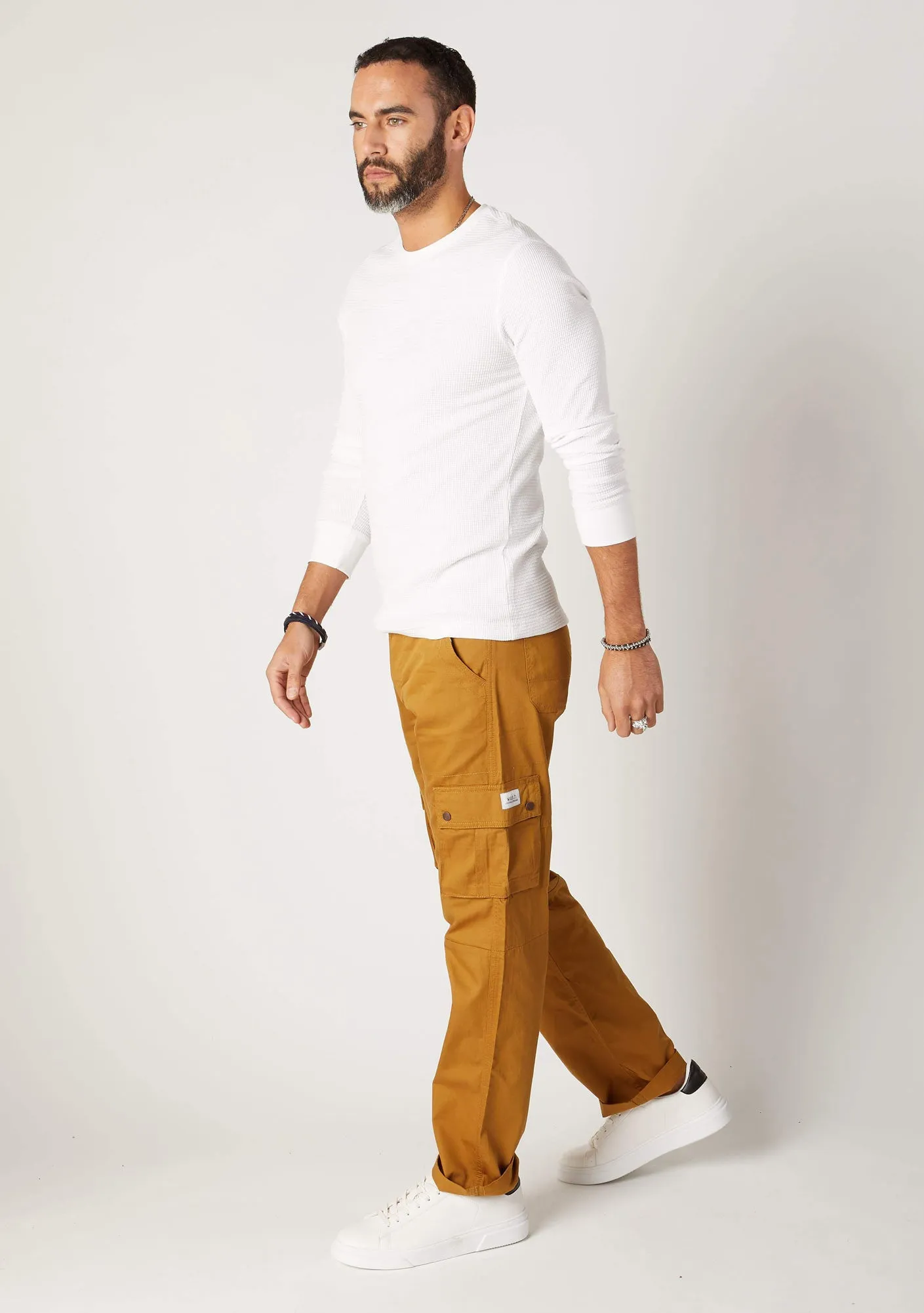 FIRSWOOD Mens Organic Cotton Loose Fit Cargo Trousers - Dull Gold