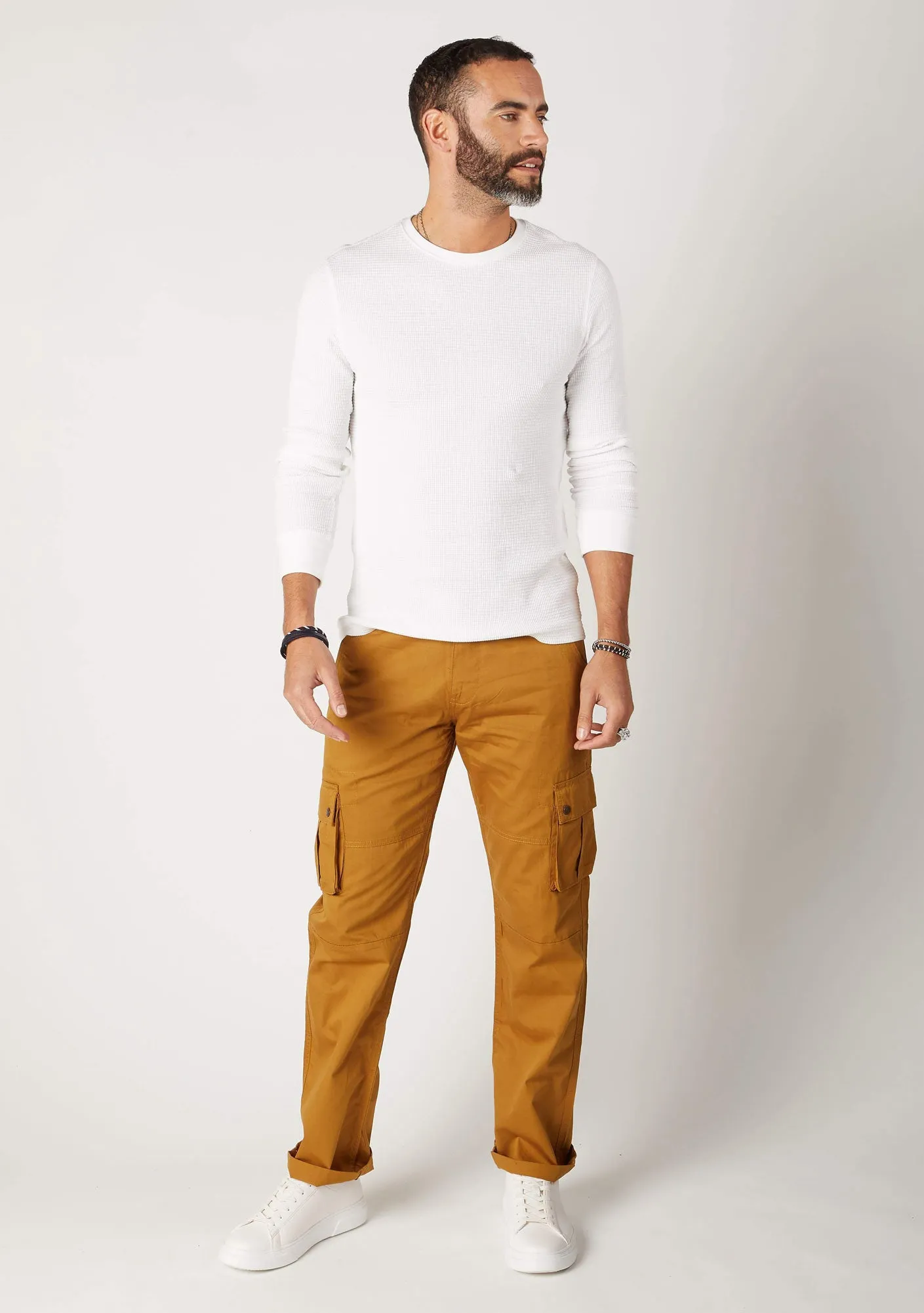 FIRSWOOD Mens Organic Cotton Loose Fit Cargo Trousers - Dull Gold