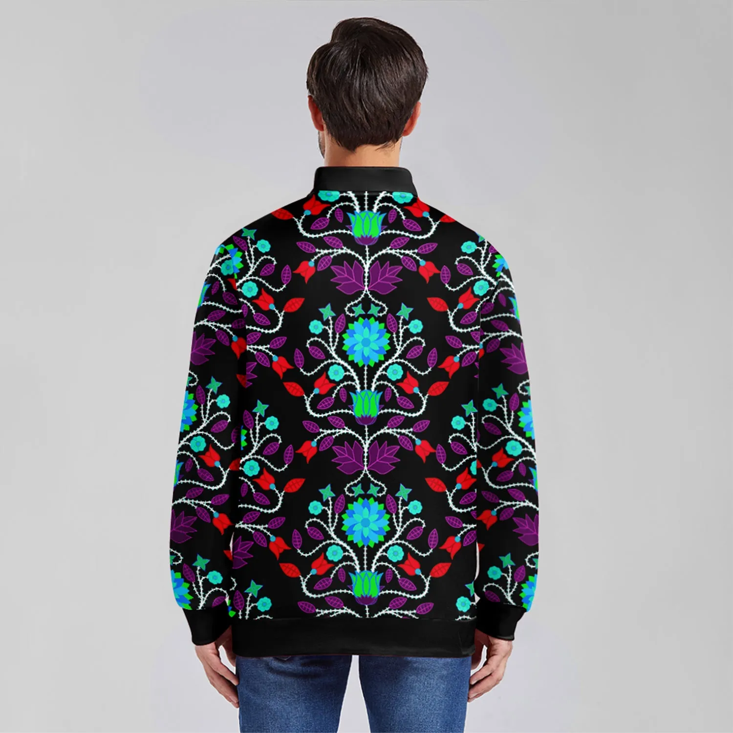 Floral Beadwork Four Clans Winter Youth Zippered Collared Lightweight Jacket