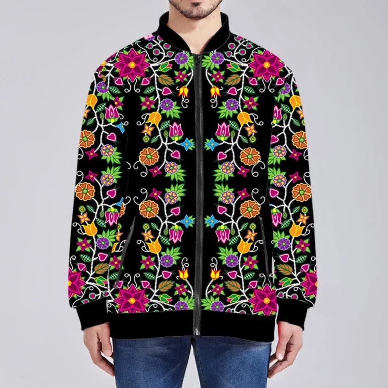 Floral Beadwork Zippered Collared Lightweight Jacket