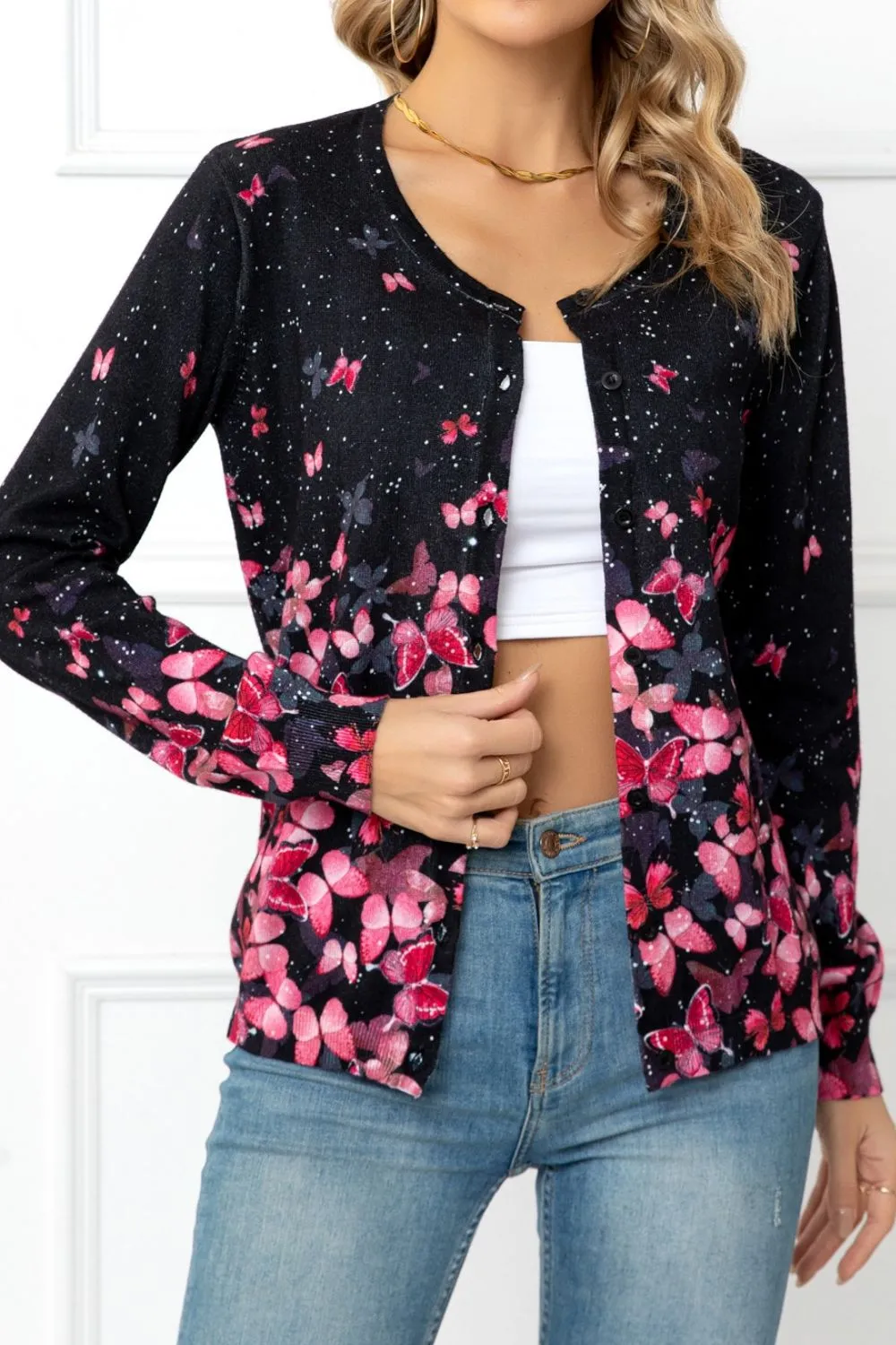 Floral Button Front Round Neck Cardigan