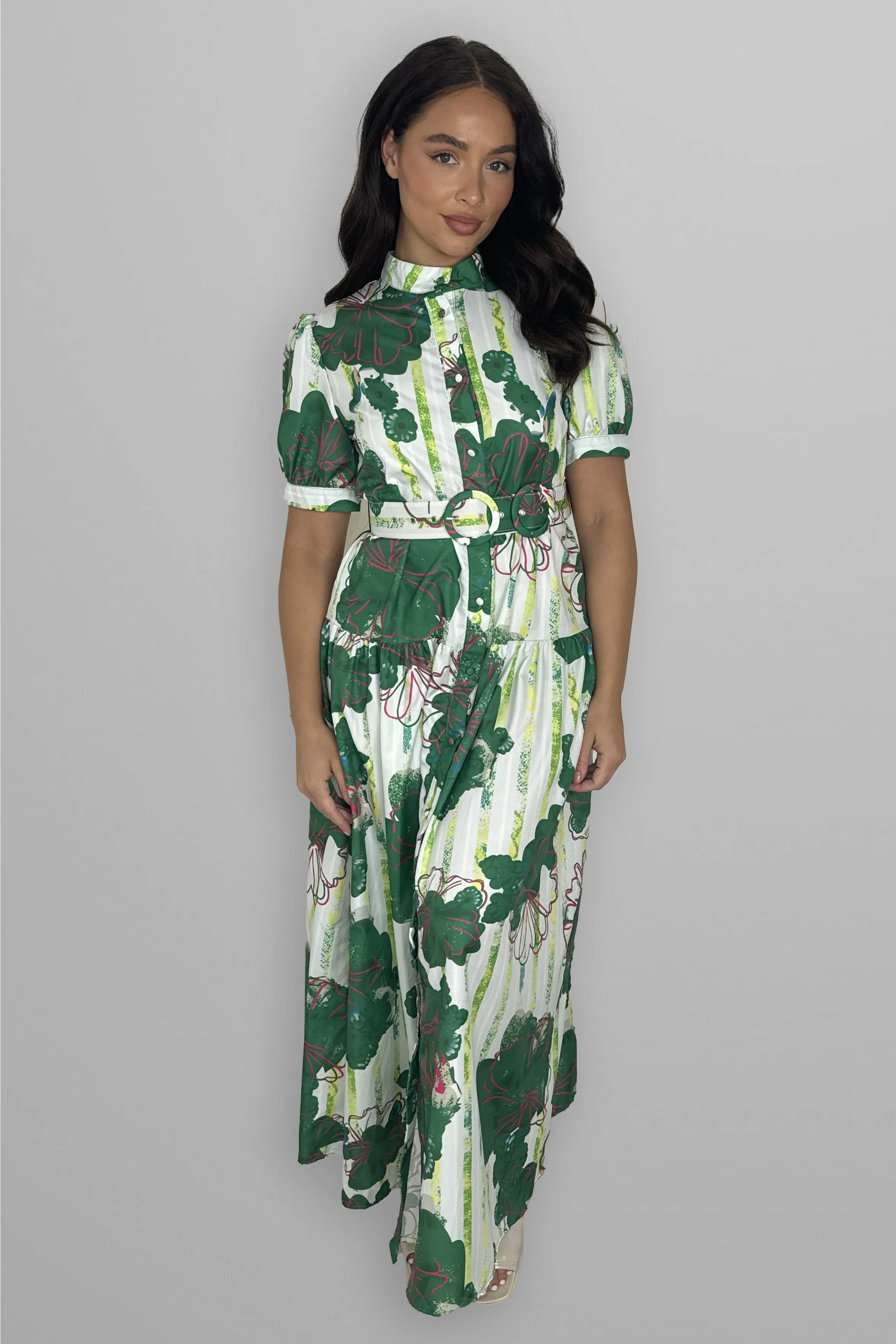 Floral Print Mock Neck Button Down Belted Maxi Dress