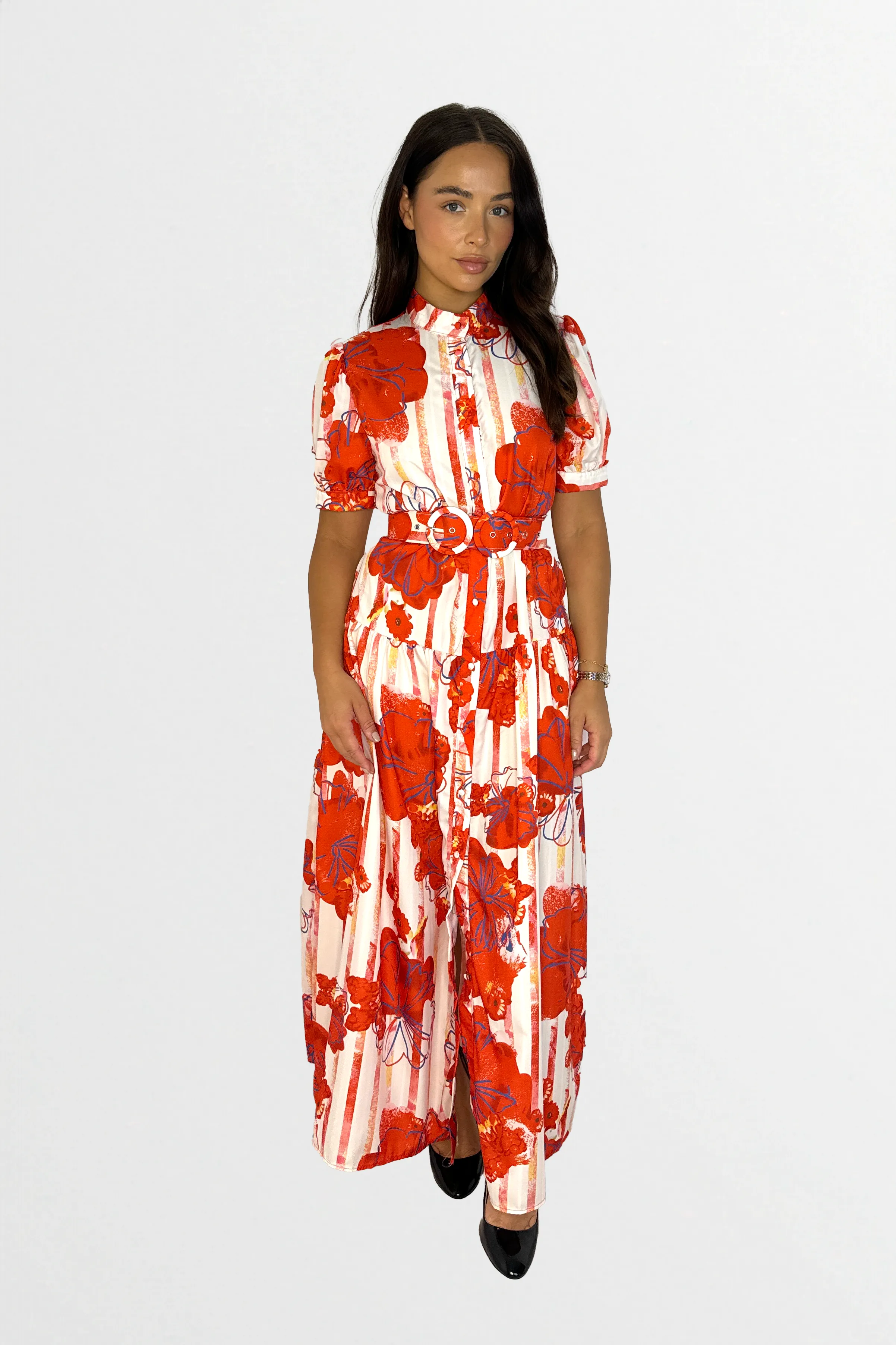 Floral Print Mock Neck Button Down Belted Maxi Dress