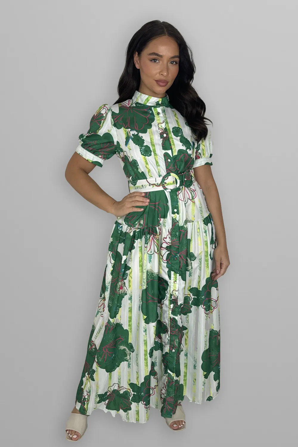 Floral Print Mock Neck Button Down Belted Maxi Dress