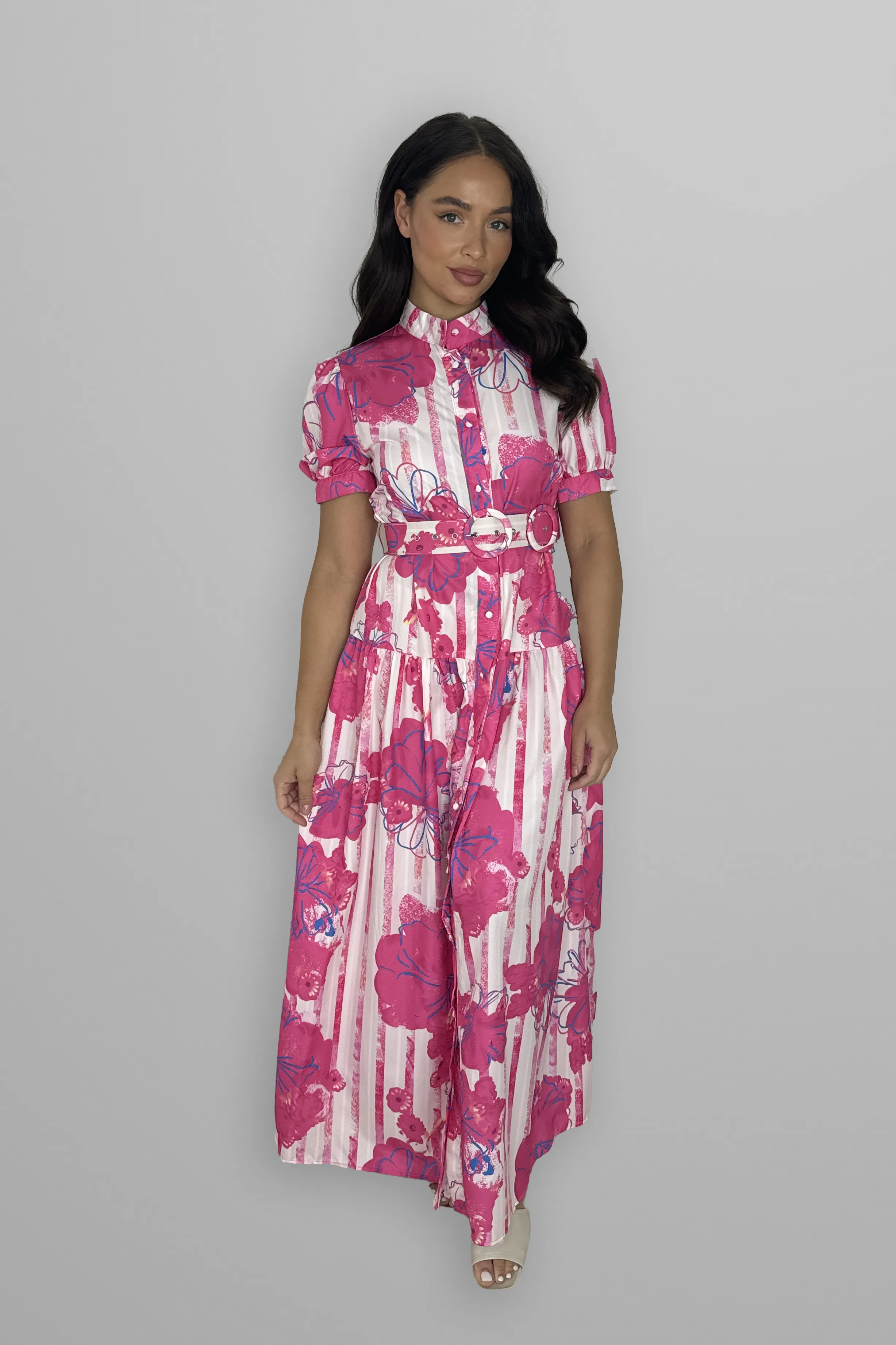 Floral Print Mock Neck Button Down Belted Maxi Dress