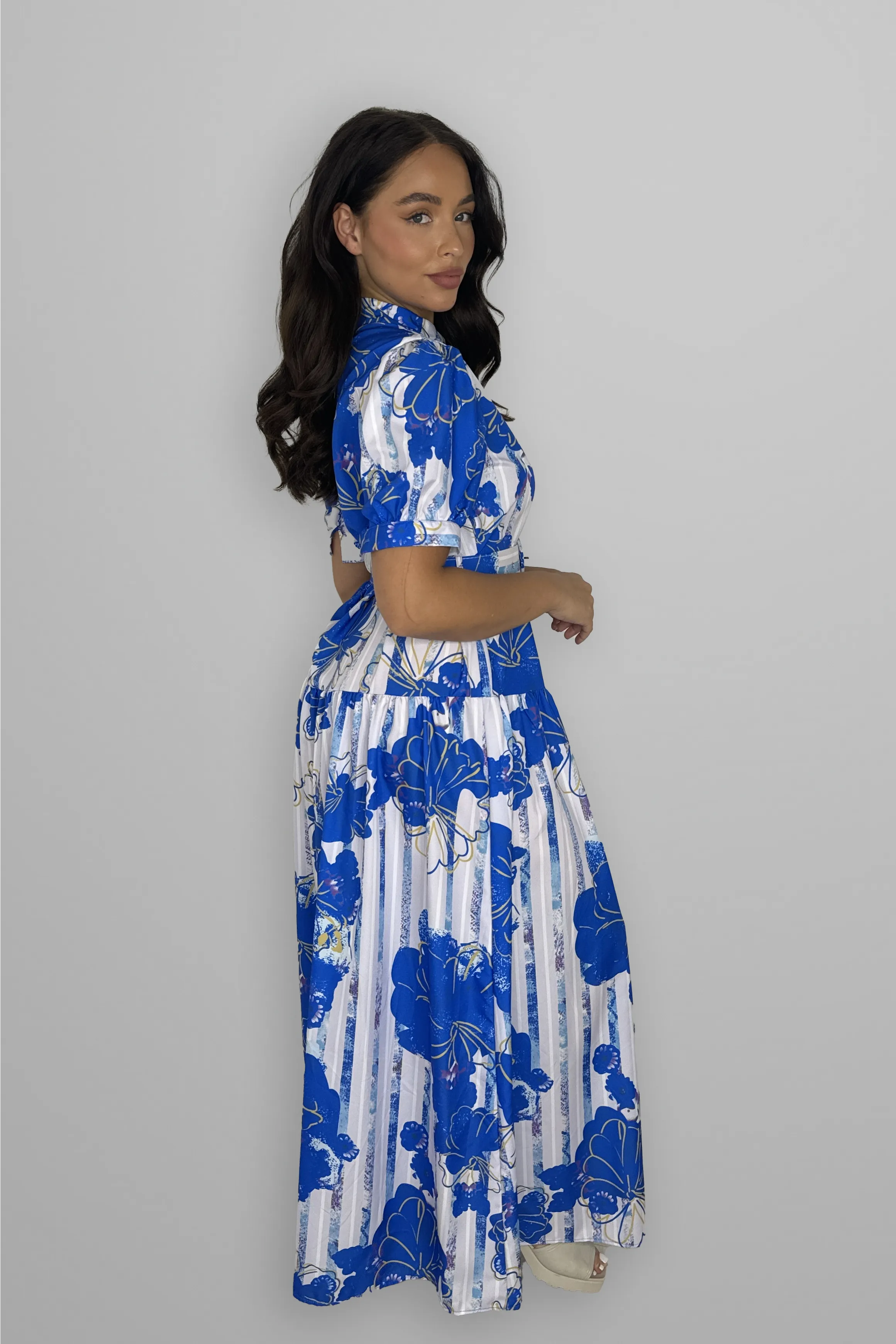 Floral Print Mock Neck Button Down Belted Maxi Dress