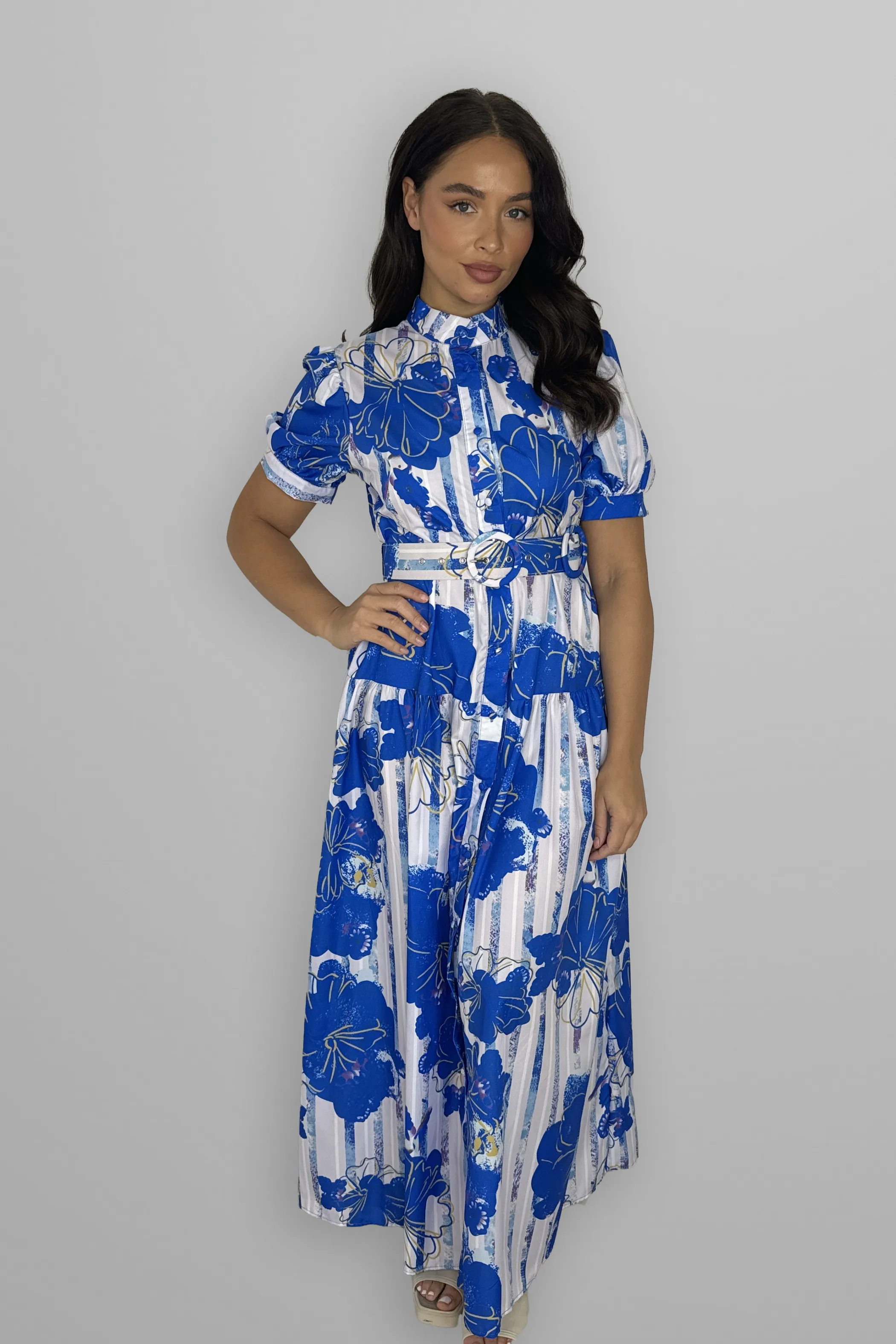 Floral Print Mock Neck Button Down Belted Maxi Dress