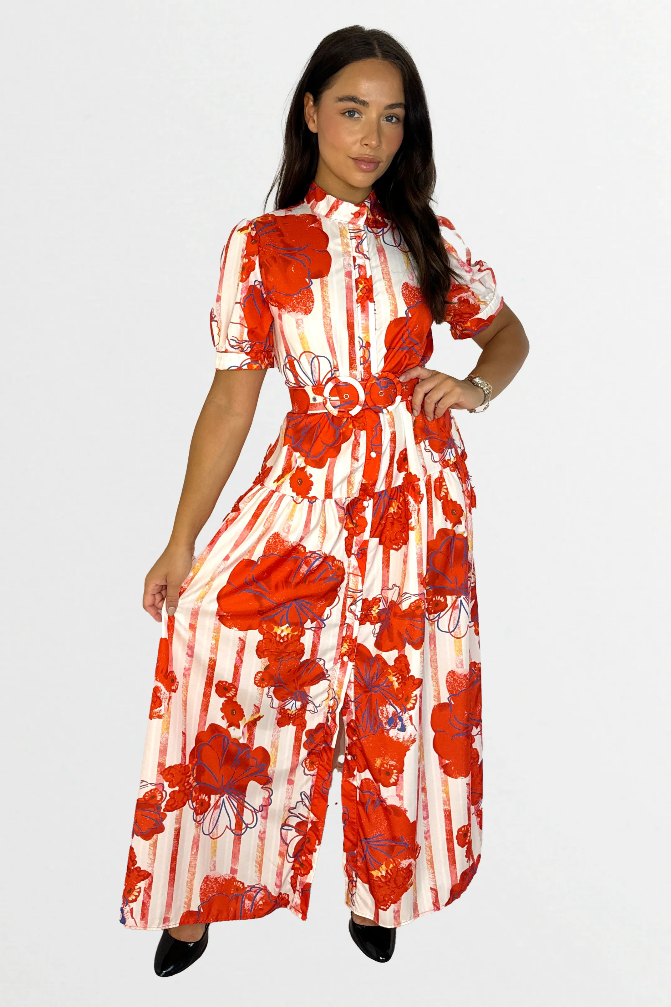 Floral Print Mock Neck Button Down Belted Maxi Dress