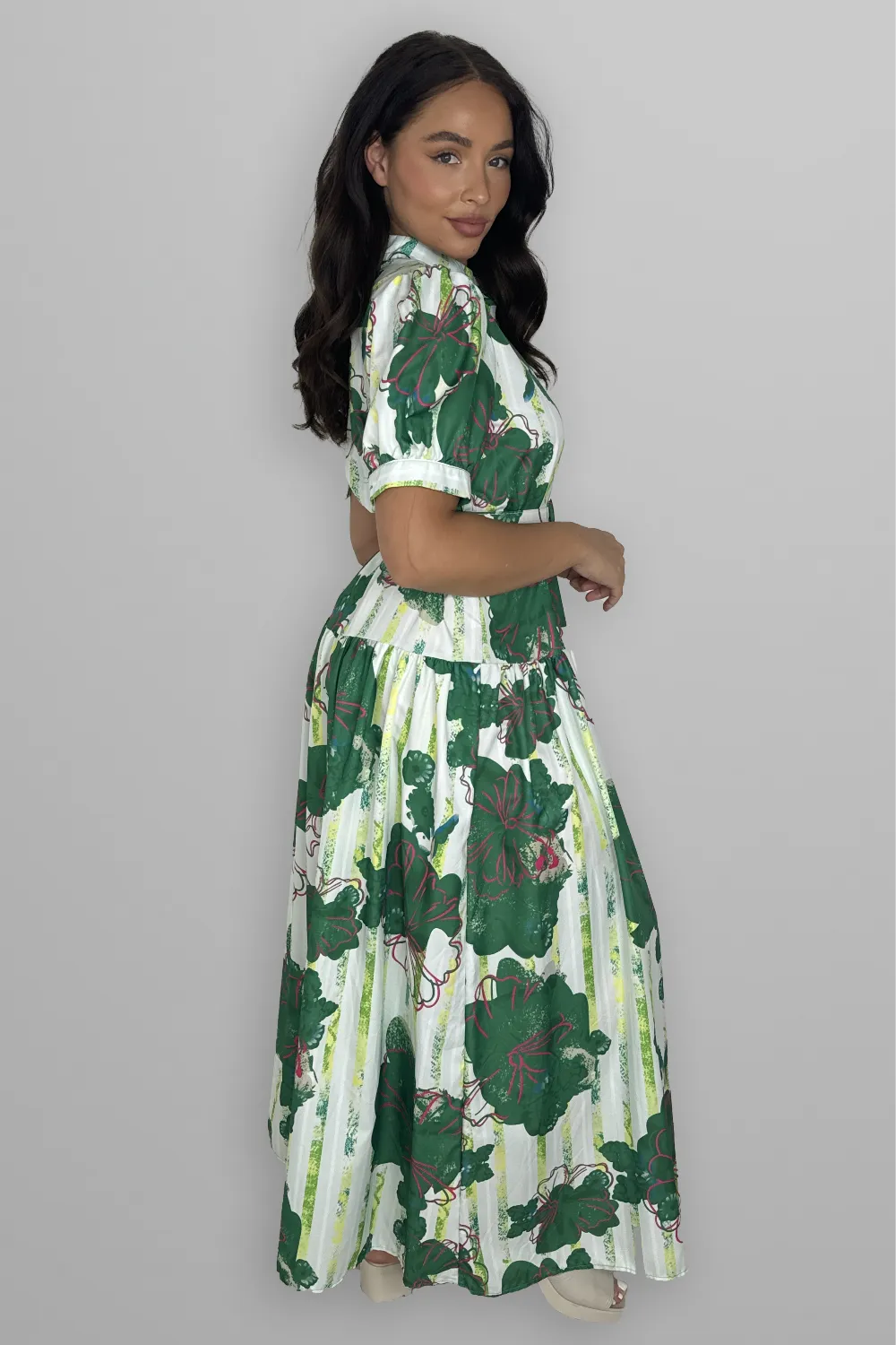 Floral Print Mock Neck Button Down Belted Maxi Dress