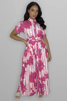 Floral Print Mock Neck Button Down Belted Maxi Dress