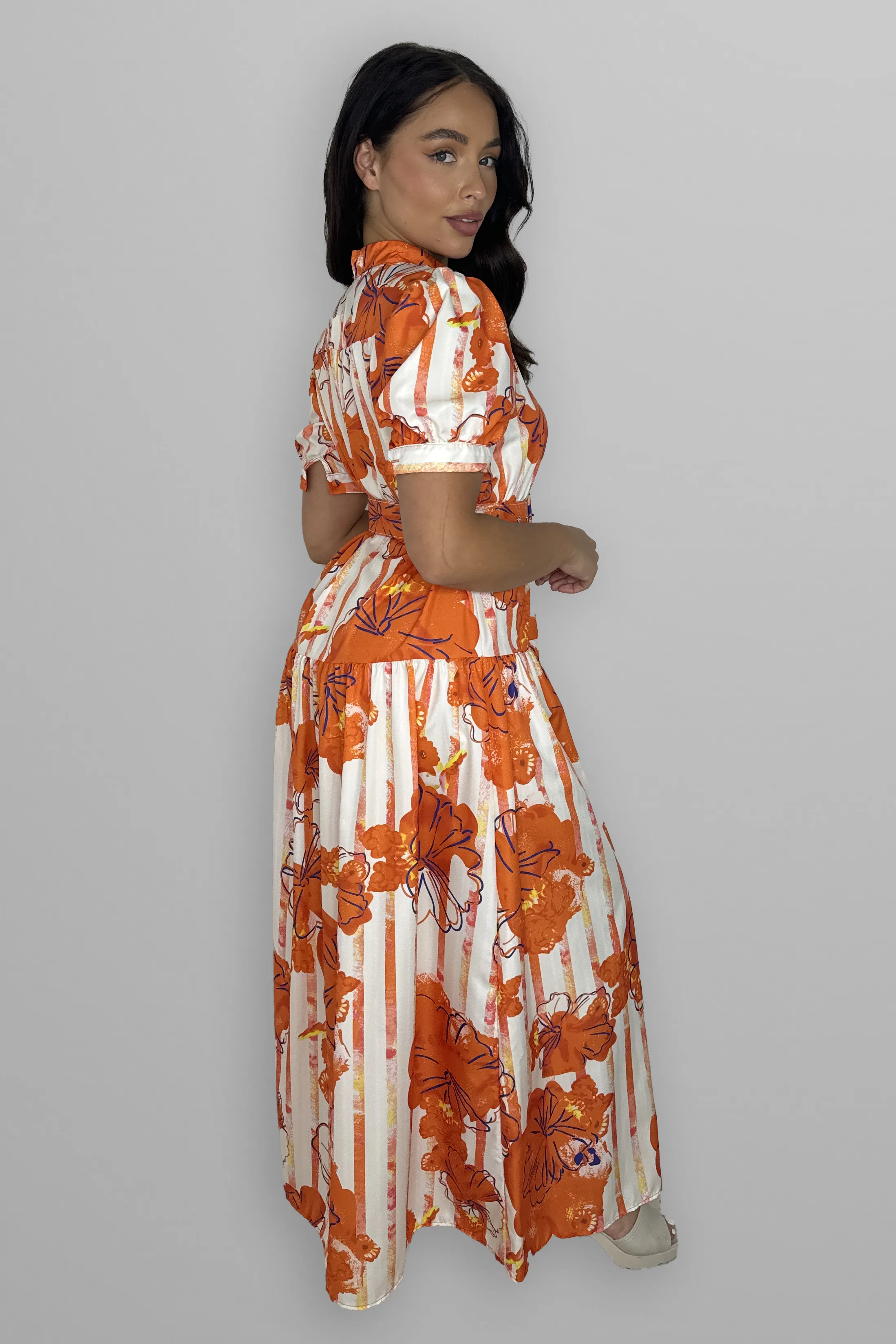 Floral Print Mock Neck Button Down Belted Maxi Dress