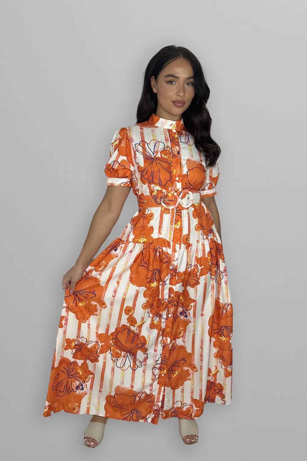 Floral Print Mock Neck Button Down Belted Maxi Dress