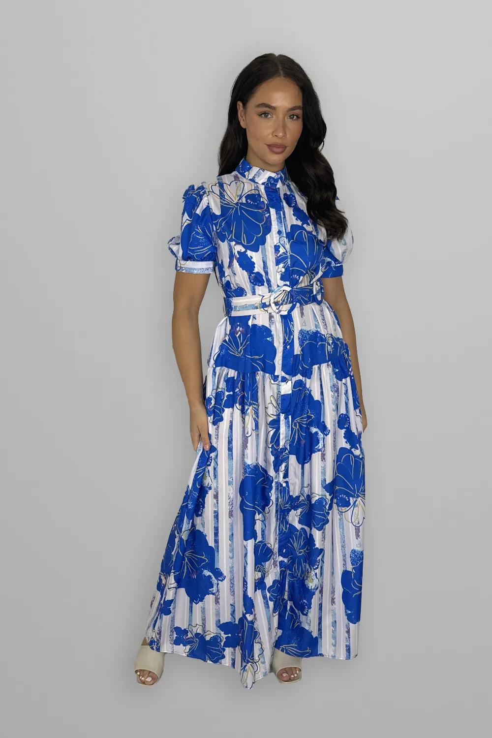 Floral Print Mock Neck Button Down Belted Maxi Dress