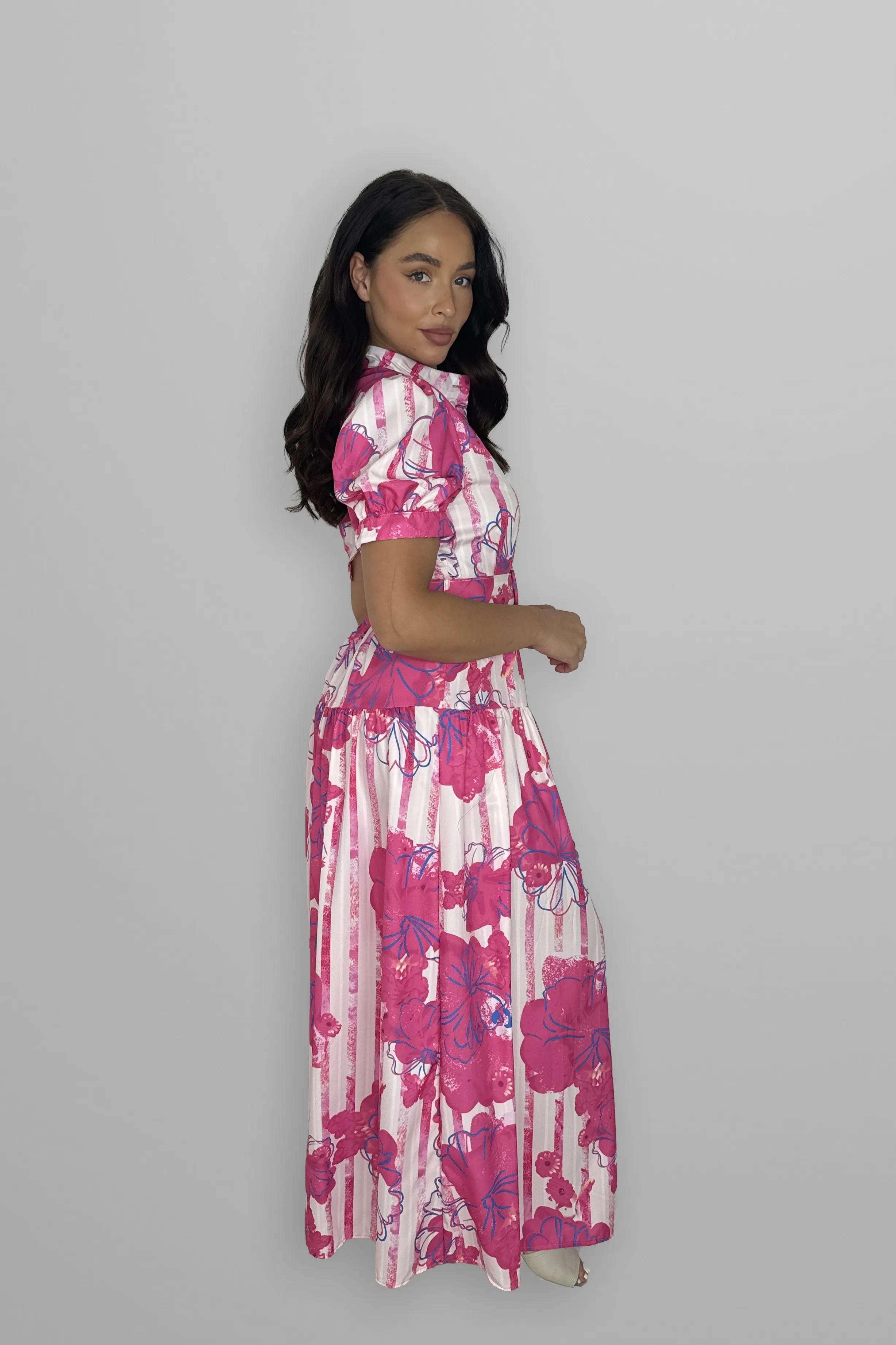 Floral Print Mock Neck Button Down Belted Maxi Dress