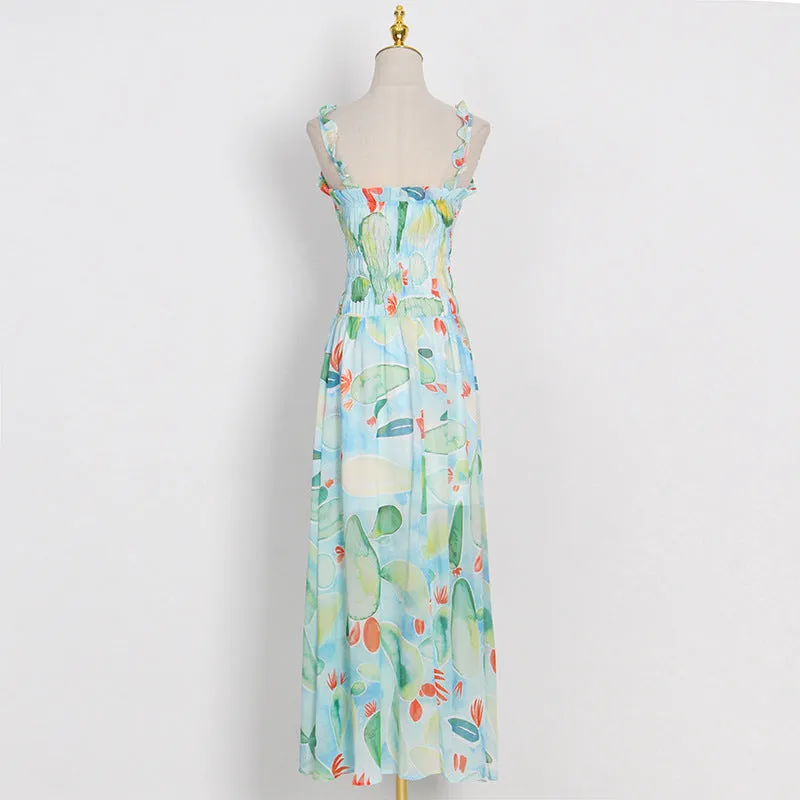 Floral Print Spaghetti Strap Smocked Maxi Dress