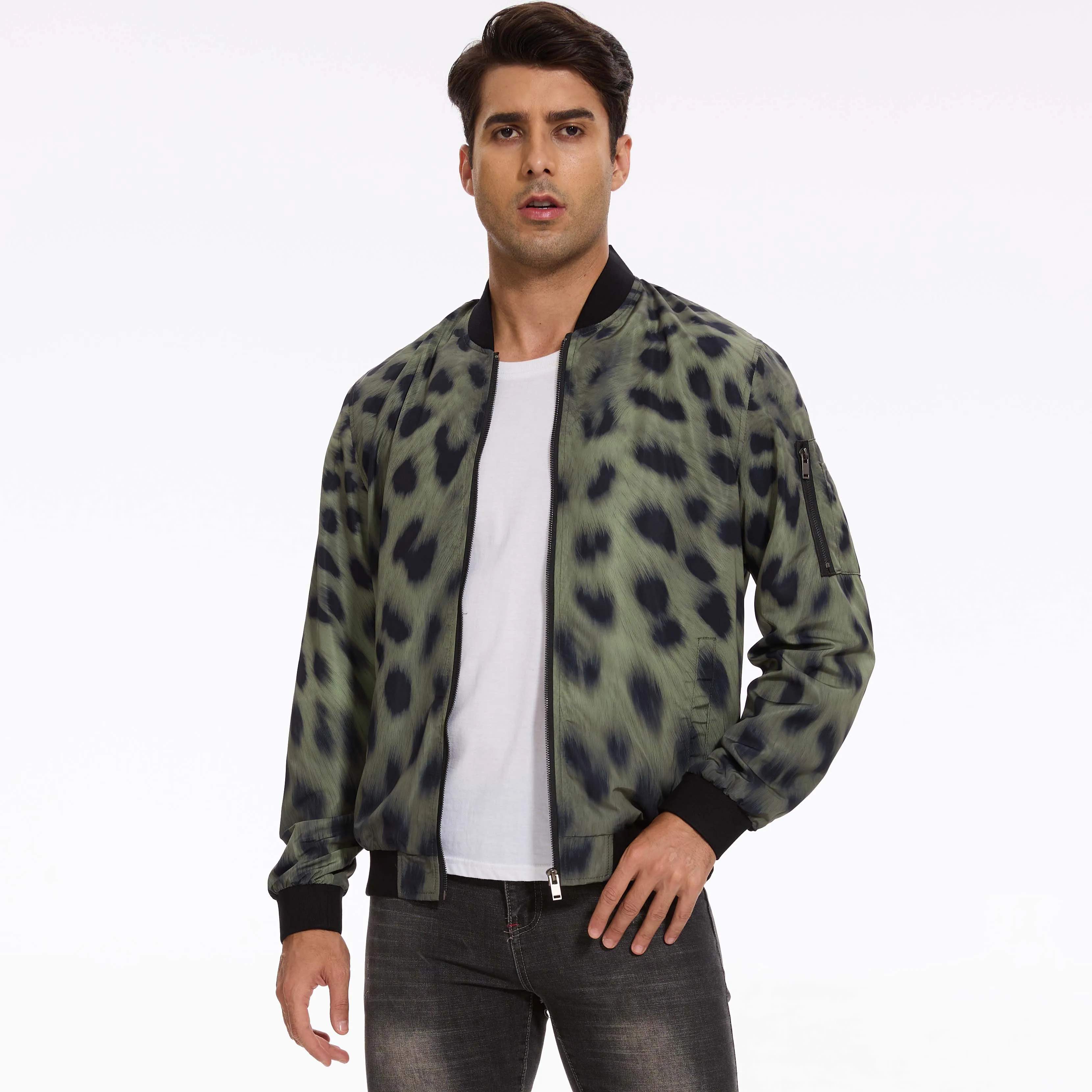 Forest Cheetah Men's Bomber Jacket with Zipper Pocket