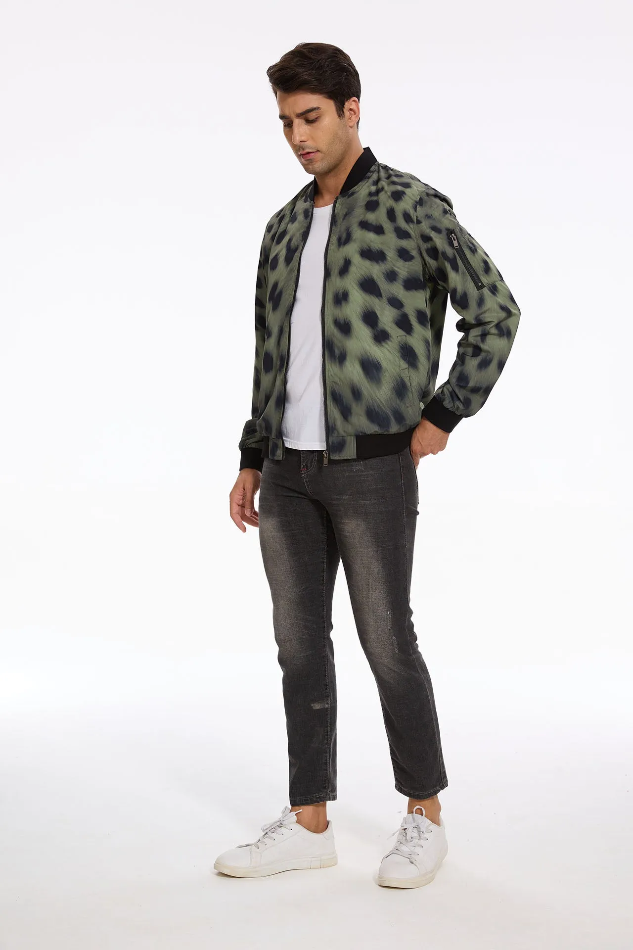 Forest Cheetah Men's Bomber Jacket with Zipper Pocket