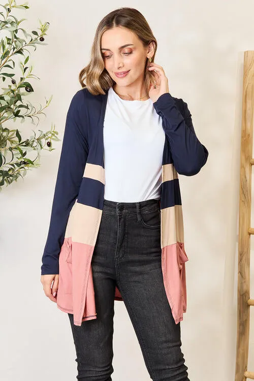 Full Size Color Block Contrast Open Cardigan