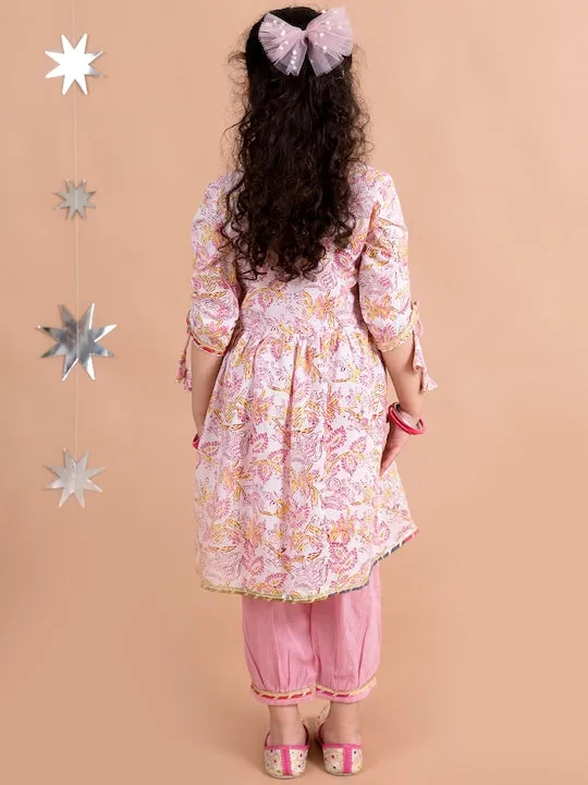 Girls Pink Floral Printed Angrakha Pure Cotton Kurti With Trousers With Dupatta - Ps Peaches