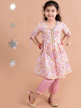 Girls Pink Floral Printed Angrakha Pure Cotton Kurti With Trousers With Dupatta - Ps Peaches